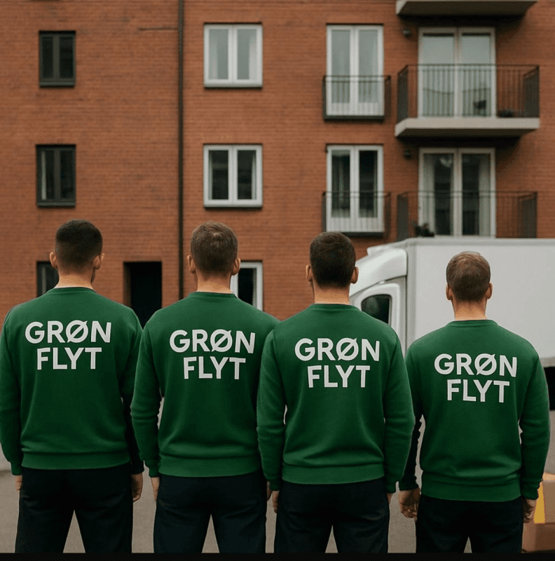 Grøn Flyts team foran en flyttevogn